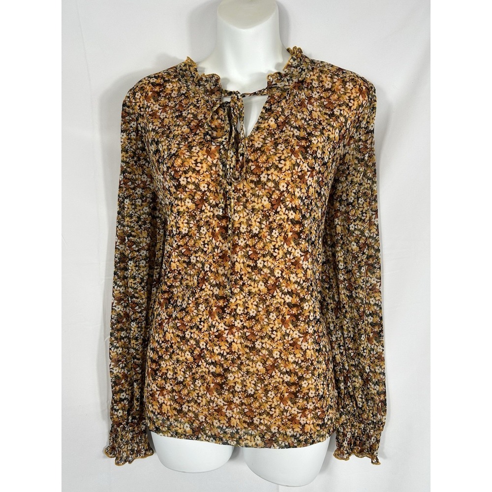 By Design Women's Boho Floral Sheer Mesh Peasent Top Size L Cottagecore Feminine